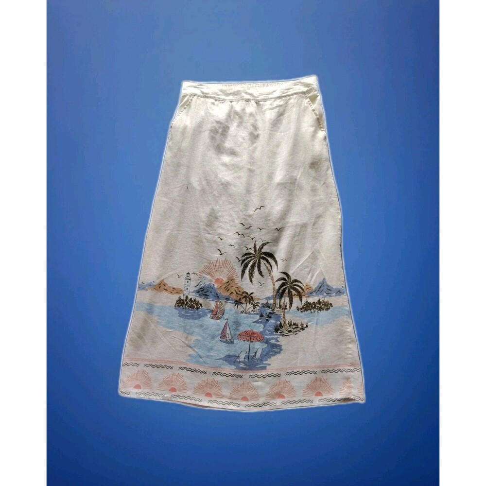 Cynthia Rowley Maxi Skirt Large 100% Linen Pockets Back Slit Tropical Beachy
